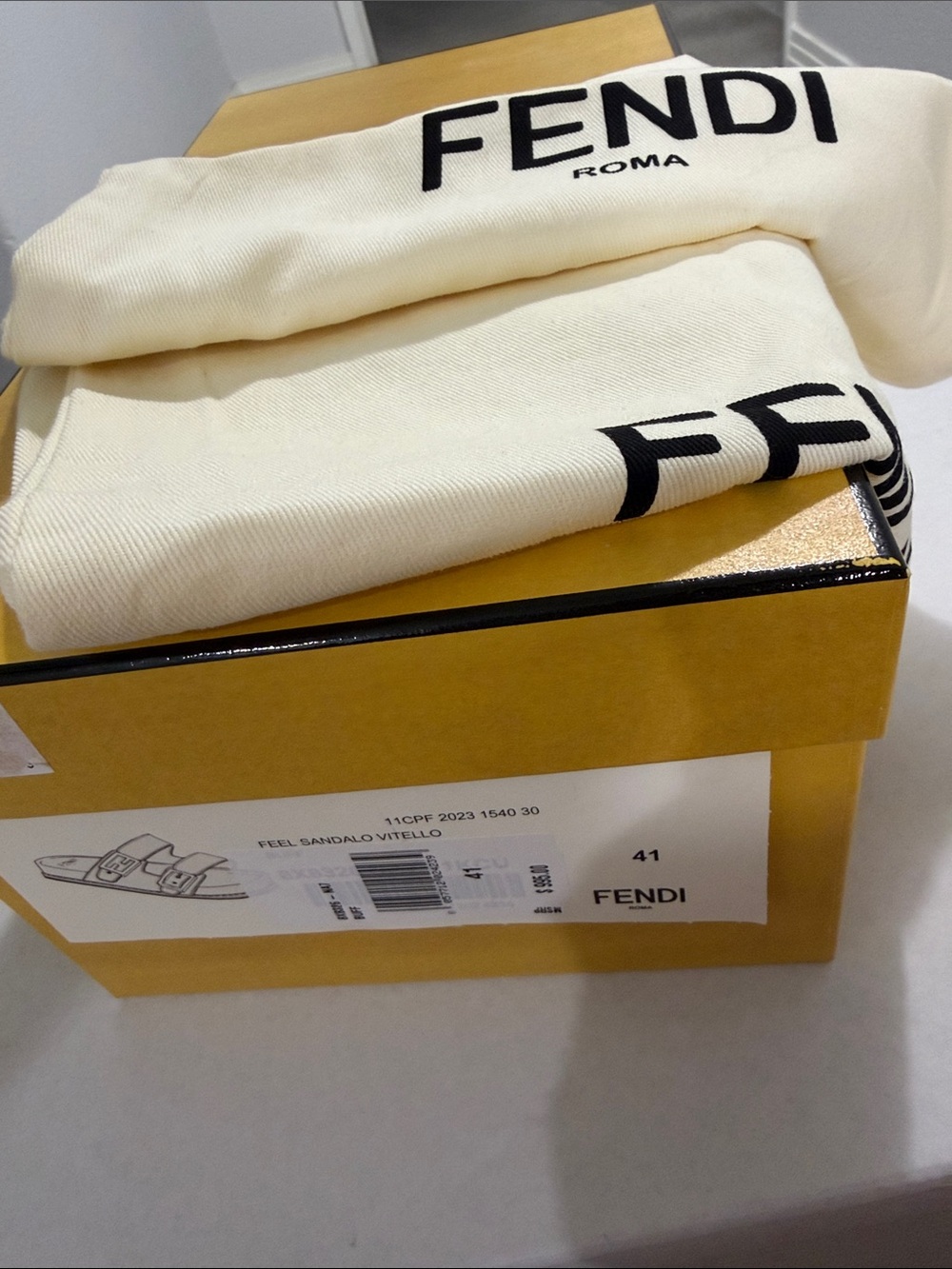 Fendi Cream Roma Drawstring Dust Bag Duo and empty shoe box